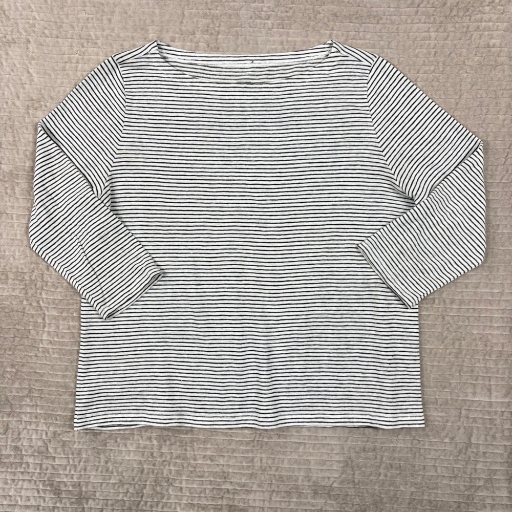 Eileen Fisher XS Black White Striped Boat Neck 3/4 Sleeve Knit Top